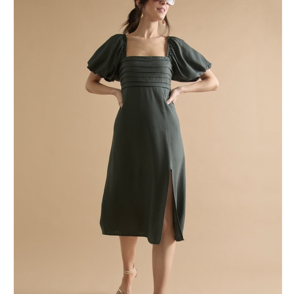 Francesca’s Sarah Pleated Puff Sleeve Midi Dress - Olive Green Small